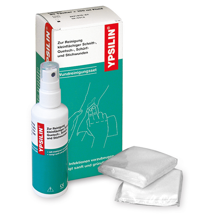 YPSILIN Wundreinigungsset groß mit 100 ml Fluid + 20 Tüchern