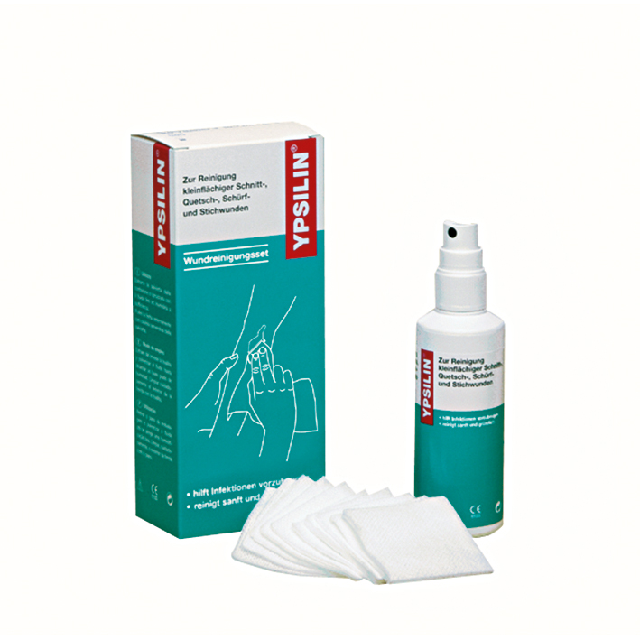YPSILIN Wundreinigungsset klein mit 50 ml Fluid + 10 Tüchern