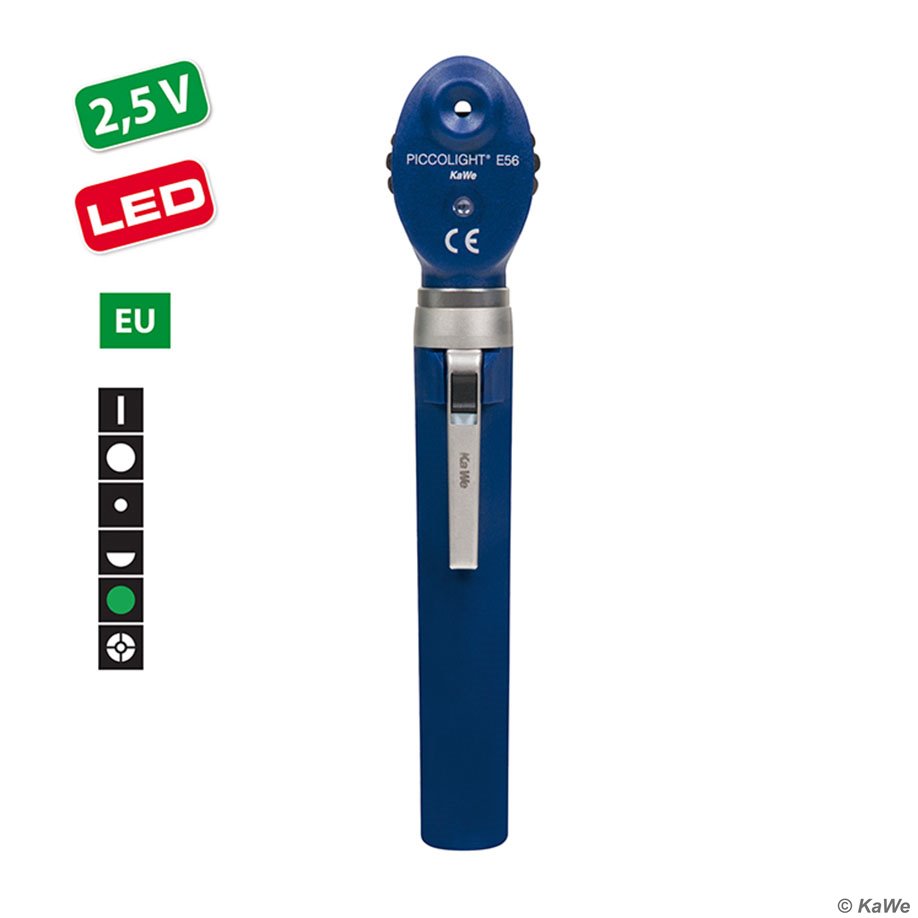 KaWe PICCOLIGHT E56 LED Ophthalmoskop 2,5 V sky, Griff AA, 6 Blenden