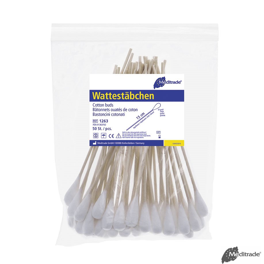 Wattestäbchen Holz, 15 cm lang, großer Wattekopf, ca. 25 x 10 mm
