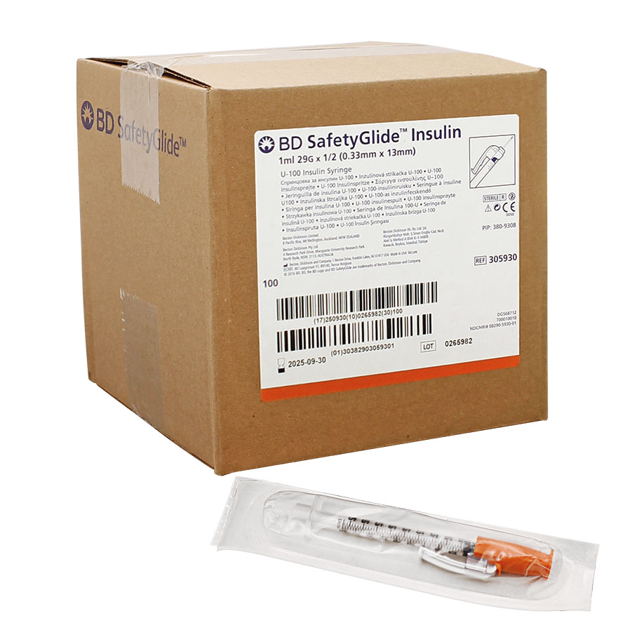 BD SafetyGlide Insulinspritzen 1 ml mit Kanüle 0,33 x 12,7 mm (100 Stck.)